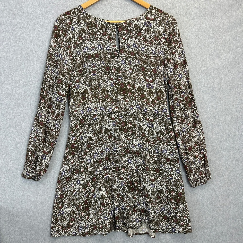 1.STATE Mini Dress Autumn Brown Indie Floral Long Sleeve Neutral Boho Size Small